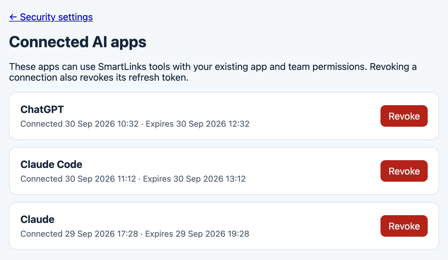 SmartLinks Connected AI apps page listing ChatGPT, Claude Code and Claude with Revoke buttons