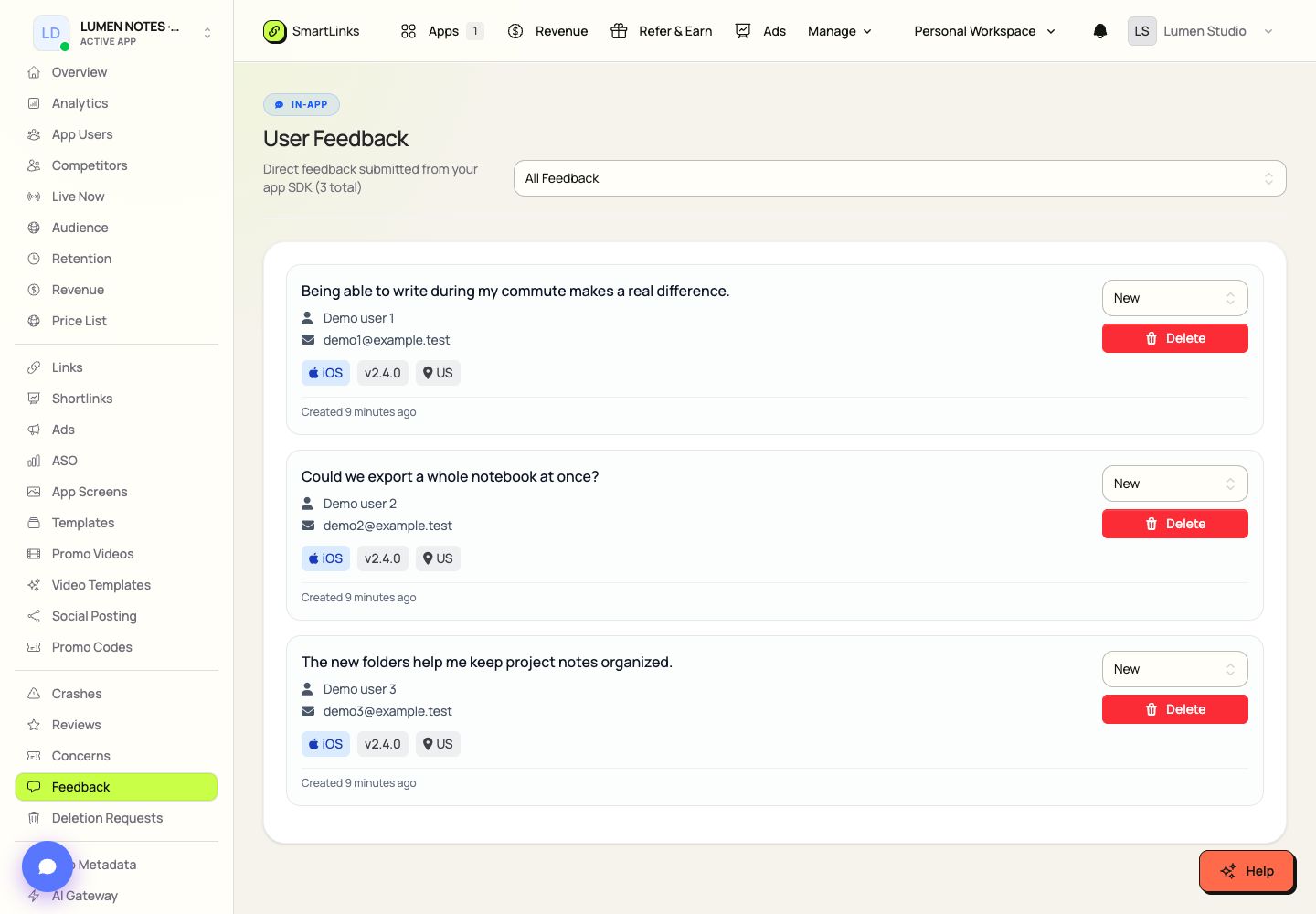 Feedback Inbox in SmartLinks