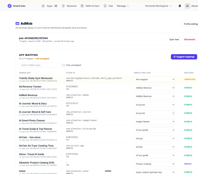 AdMob connection and app mapping